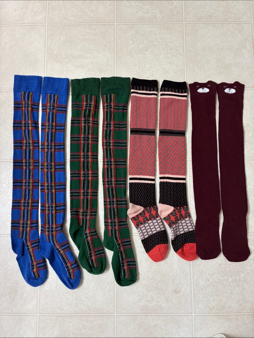 🌷3 for $25🌷Unbranded, US OS, 4 Pairs Of Plaid Animal Zigzag Over The Knee Socks